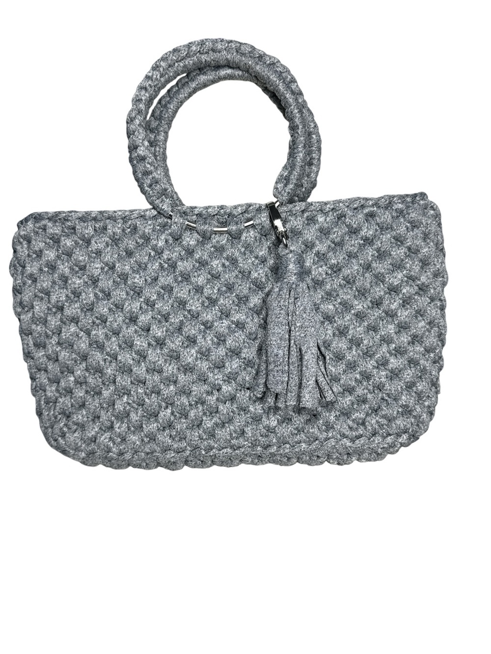 Handmade Gray Crochet Top Handle Handbag with Tassel